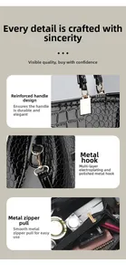 Detail of reinforced handle and polished electroplated hardware on black croc-effect handbag