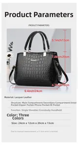 Black faux crocodile leather handbag details with multi-pocket structure and dimensions