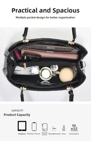 Internal view of black patent leather handbag featuring multi-compartment storage space