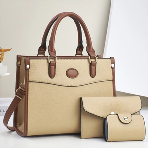 Three-piece beige and brown pebbled leather tote bag set with detachable shoulder strap
