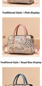 Detail showing pink and blue jacquard handbags with golden leaf pearl pendant and long strap