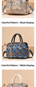 Detail of floral embroidery on handbags with leaf charm in black and white styles
