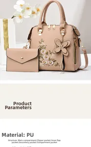 Beige PU leather handbag set with floral embroidery and gold butterfly charm detail