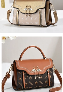 Detailed view of handbags with swan metal clasp, pearl chain and star pattern