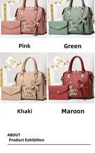 Detail view of 2-piece tote bag set with floral embroidery and bow in four colors