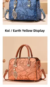 Detail of embossed koi and lotus leather textures on blue and yellow handbags