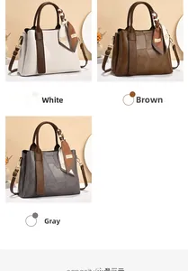Three elegant handbags in white, brown, and grey with silk scarves and geometric stitching