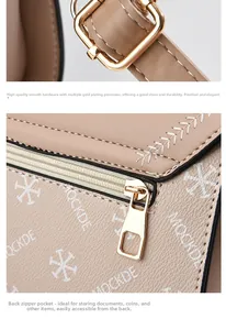 Detail of gold metal buckle and back zipper pocket on beige faux leather handbag