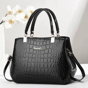 Crocodile Pattern Glossy PU Leather Handbag For Women Elegant Tote With Detachable Shoulder Strap Gold Hardware