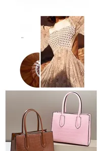 Detail showing high-quality crocodile pattern texture on brown and pink tote bags