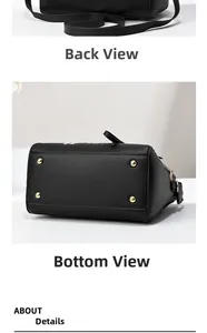 Detail view of black leather handbag with gold protective metal studs on the base
