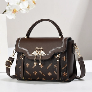 Women Small Flap Handbag PU Leather Monogram Print Shoulder Crossbody Bag Swan Buckle Artificial Pearl Pendant Elegant Retro