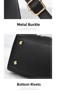 Close-up of golden hardware clasps and protective bottom rivets on black leather handbag