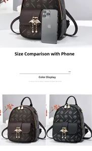 Mini faux leather backpack size comparison with smartphone showing printed logo detail