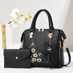Women Handbag And Wallet PU Leather Floral Embroidery Butterfly Pendant Shoulder Bag Tote Elegant Daily Office Lady