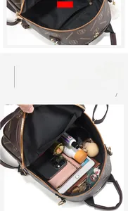 Detailed interior of a vintage brown pattern backpack showing large storage capacity