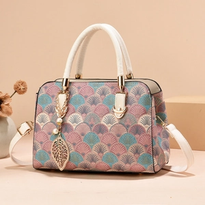 Elegant Boston handbag with colorful shell patterns and white leather straps for women