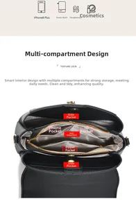 Internal view of crossbody bag showing multi-compartment lining and golden hardware