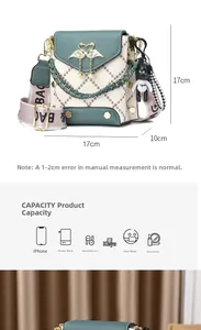 Detail view of small crossbody bag showing dimensions 17x17x10cm and internal capacity