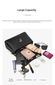 Flat lay showing large capacity of black leather crossbody bag with daily essentials
