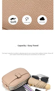 Detailed interior storage capacity of beige crossbody bag with three zipper compartments