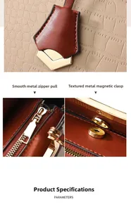 Detail of golden zipper and magnetic snap on brown crocodile textured leather bag