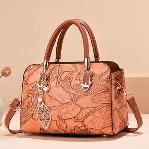 Caramel embossed leather handbag with lotus carp relief and pearl leaf pendant