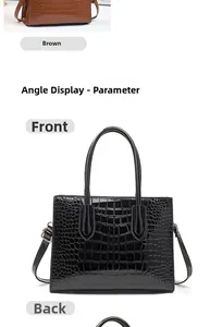 Detailed views of crocodile pattern leather handbag showing front and back angles