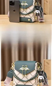Crossbody bag size comparison with smartphone showing contrast flap and swan clasp