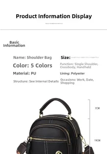Detail view of black lychee grain PU shoulder bag with wide letter strap and metal logo