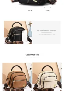 Detailed size comparison of a round crossbody bag with jacquard strap and color options