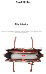 Internal structure of black women handbag showing a zipper pocket and two open side compartments