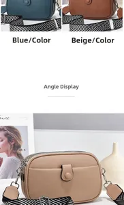 Detailed views of multi-layer leather crossbody bags with wide patterned straps in colors