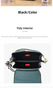 Detail view of stylish crossbody bag with wide strap and dual interior compartments