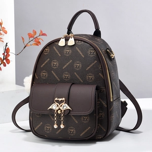 Women Mini Backpack PU Leather Monogram Print Fashion Rucksack With Swan Buckle And Fur Ball Charm Retro Schoolbag