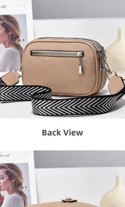 Rear view of khaki lychee grain crossbody bag with three-layer zipper and geometric strap