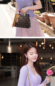 Detailed view of bicolor floral pattern handbag with pearl earrings and golden accessories