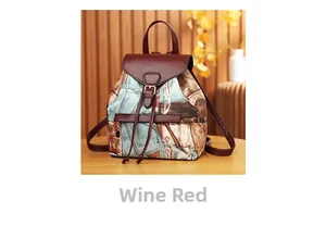 Detail of wine red leather flap and drawstring closure on a retro vintage backpack
