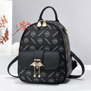 Fashionable black PU leather backpack with vintage logo print and pearl swan lock detail
