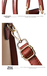 Detail view of khaki and brown handbag featuring precision stitching and gold hardware