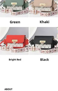 Detailed view of women's crossbody bags in green, khaki, red, and black with heart locks