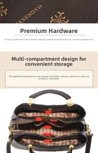 Detail view of the multi-compartment interior and gold-tone hardware of this shoulder bag