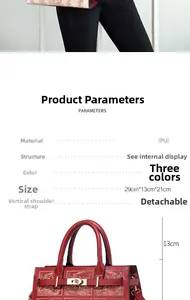 Detailed size parameters of red PU leather handbag with 29x13x21cm dimensions and strap