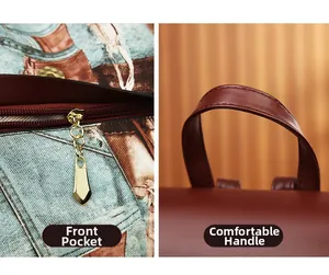 Detail view of denim texture backpack with front zipper pocket and leather handle