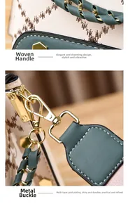 Detail of woven green handle and golden metal buckle on ivory embroidered handbag