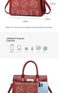 Detailed size comparison and capacity guide for this red floral embroidery handbag