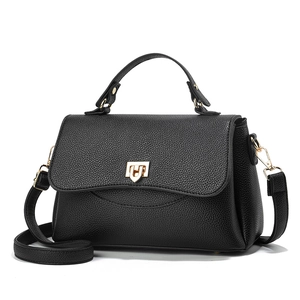 Chic black litchi pattern leather crossbody bag with gold metal H buckle and top handle