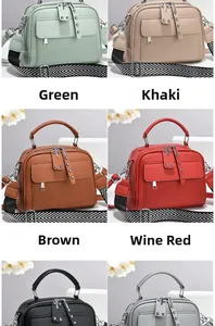 Collage of leather handbags in six colors with stylish patterned wide shoulder straps