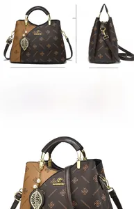 Detail view of a vintage crossbody bag with floral pattern and size specifications
