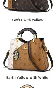 Detail of color-block handbags in coffee-yellow and clay-white with leaf pendant